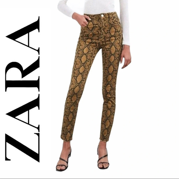 Zara Snakeskin Hi-Rise Skinny Golden  Brown Pant Size 2 - Picture 1 of 7